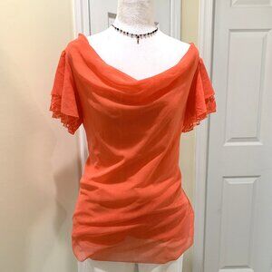 Worthington Bright Orange Cowl Neck Blouse Lace Flutter Short Sleeves Women L